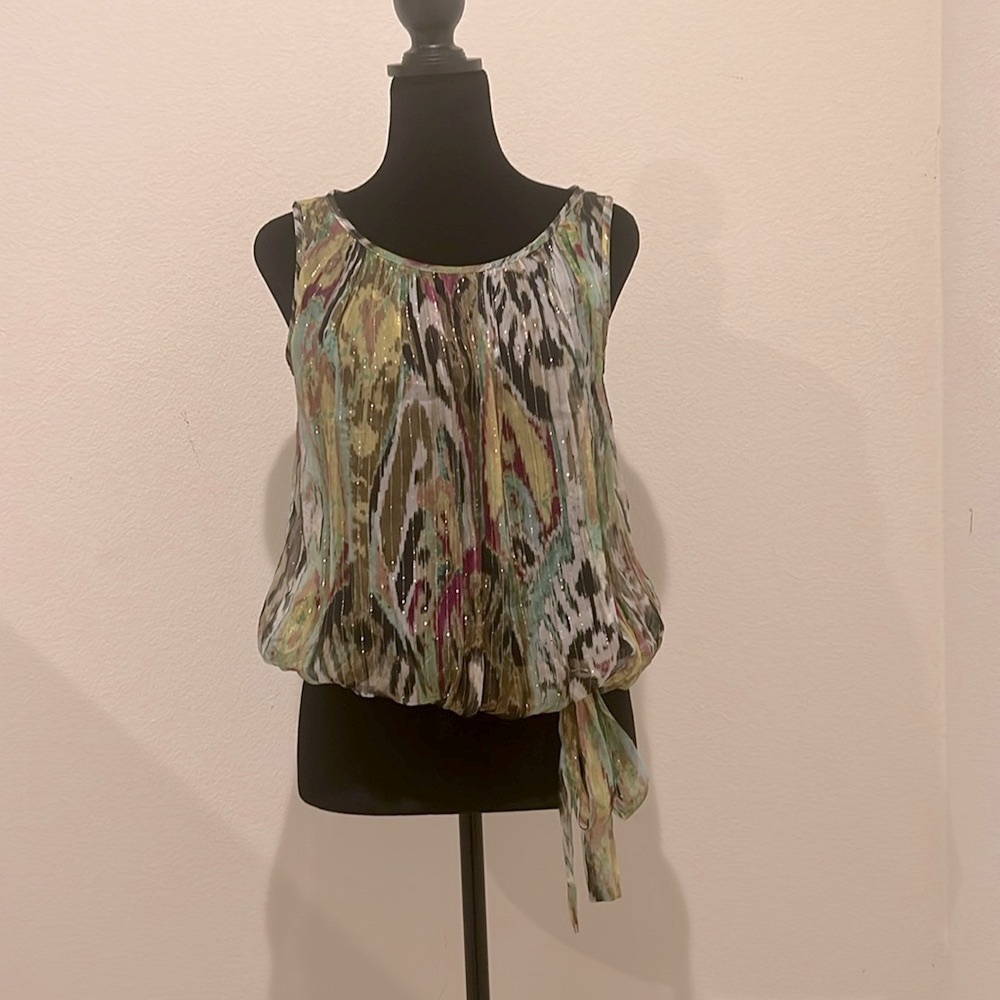Cache Silk & Metallic Neckline tie waist Sleeveless size XS